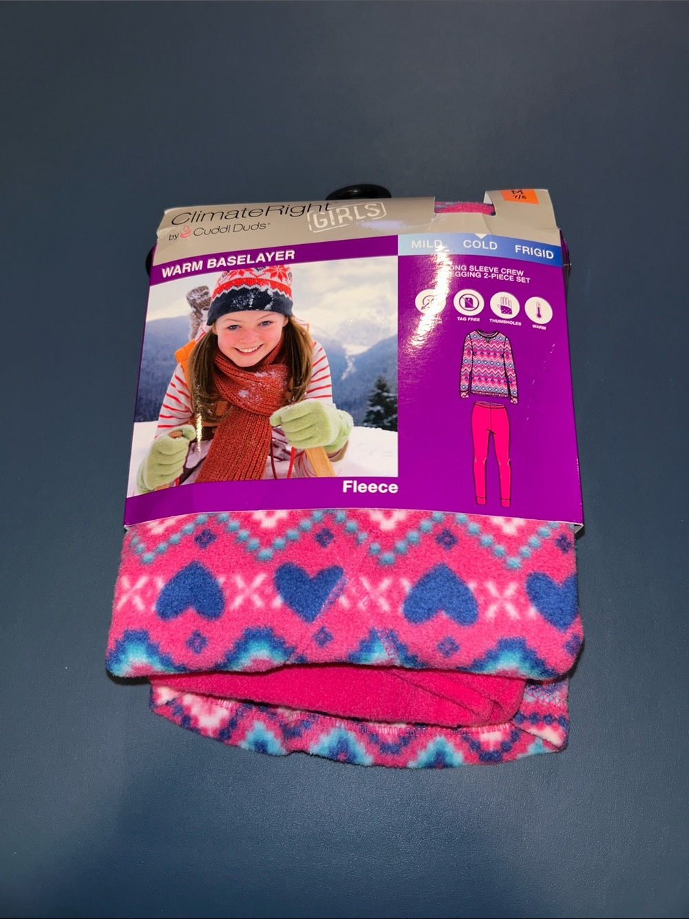 NWT- Cuddl Duds Girls' Pink Blue Heart Fleece Baselayer Set